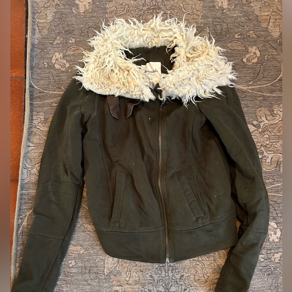 Aeropostale jacket 87 Moto jacket olive green Sherpa faux fur size Small zipper - Picture 6 of 16